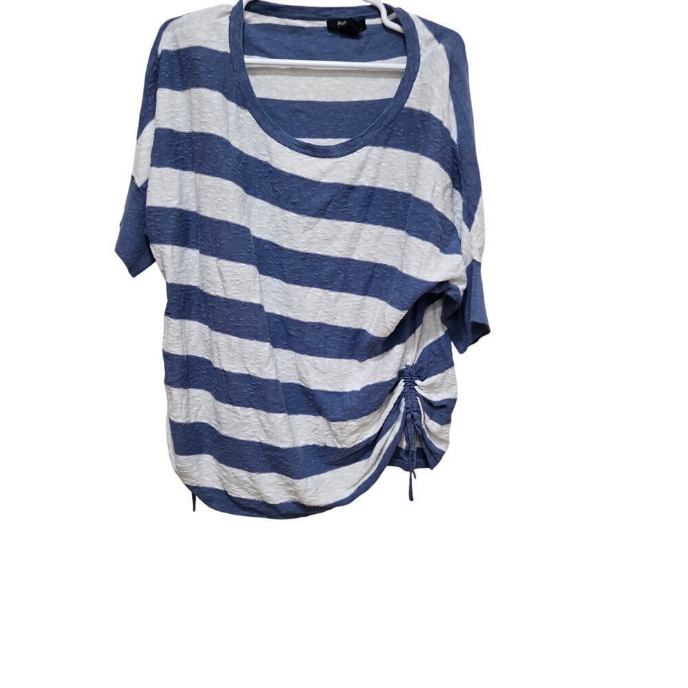 3X Blue White Striped Linen Blend Top Plus Size Coastal Grandmother